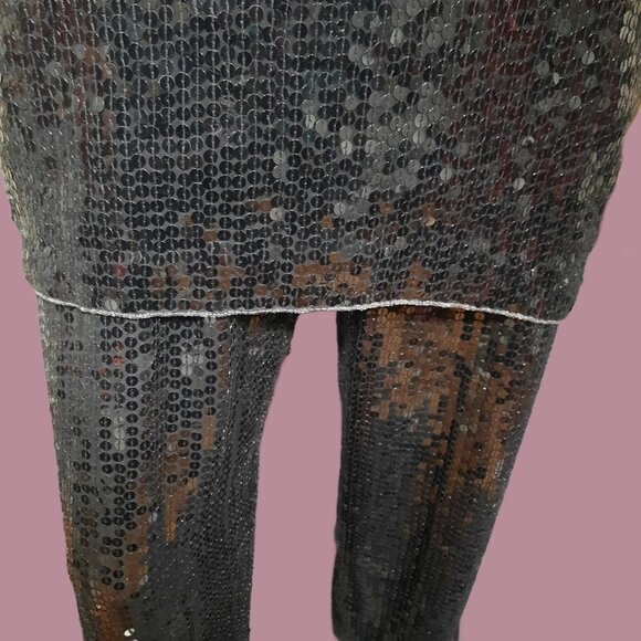 Vintage 80s Ann Green Art Deco Silk Sequined Top Pants Set Black Silver Womens L - Picture 3 of 10